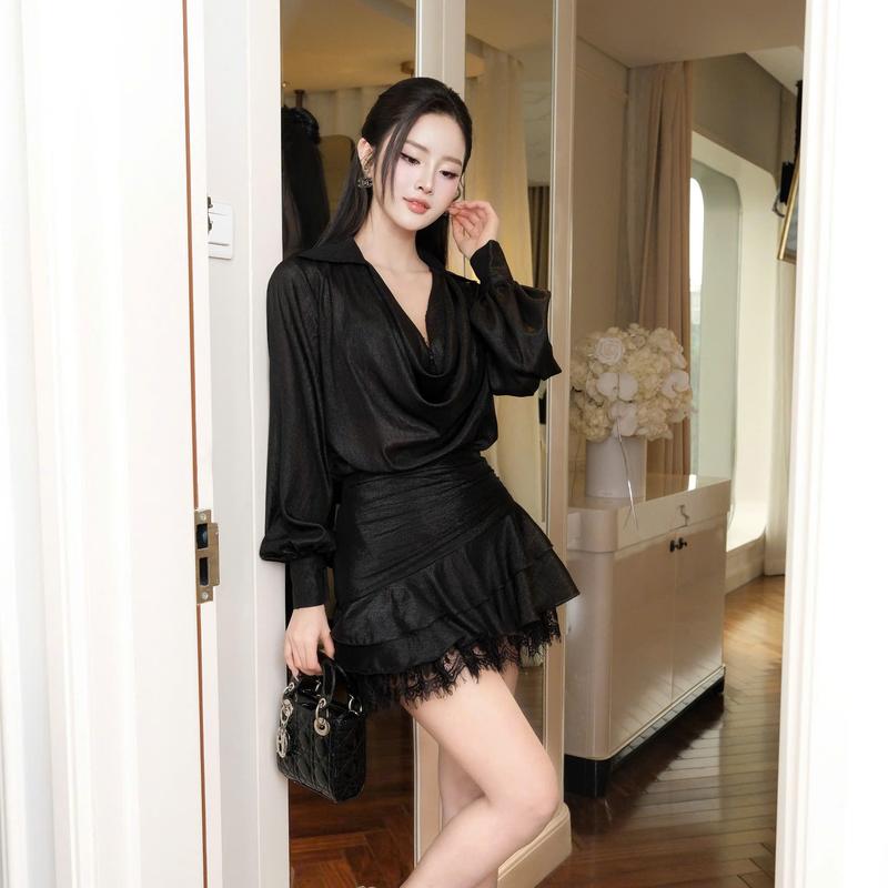 Set váy ngắn Khiết phối áo cổ đổ tằm ướt kèm bra ren tinh tế phong cách quyến rũ sang chảnh KS330A