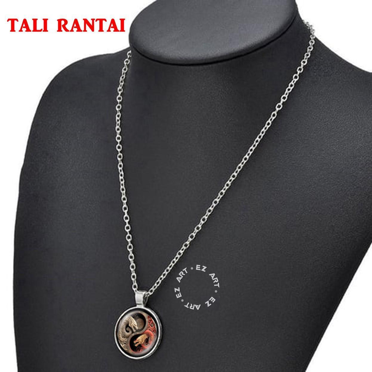 Kalung Liontin Yin Yang Art Kaca Cembung Tali Kulit Rantai Stainless Steel