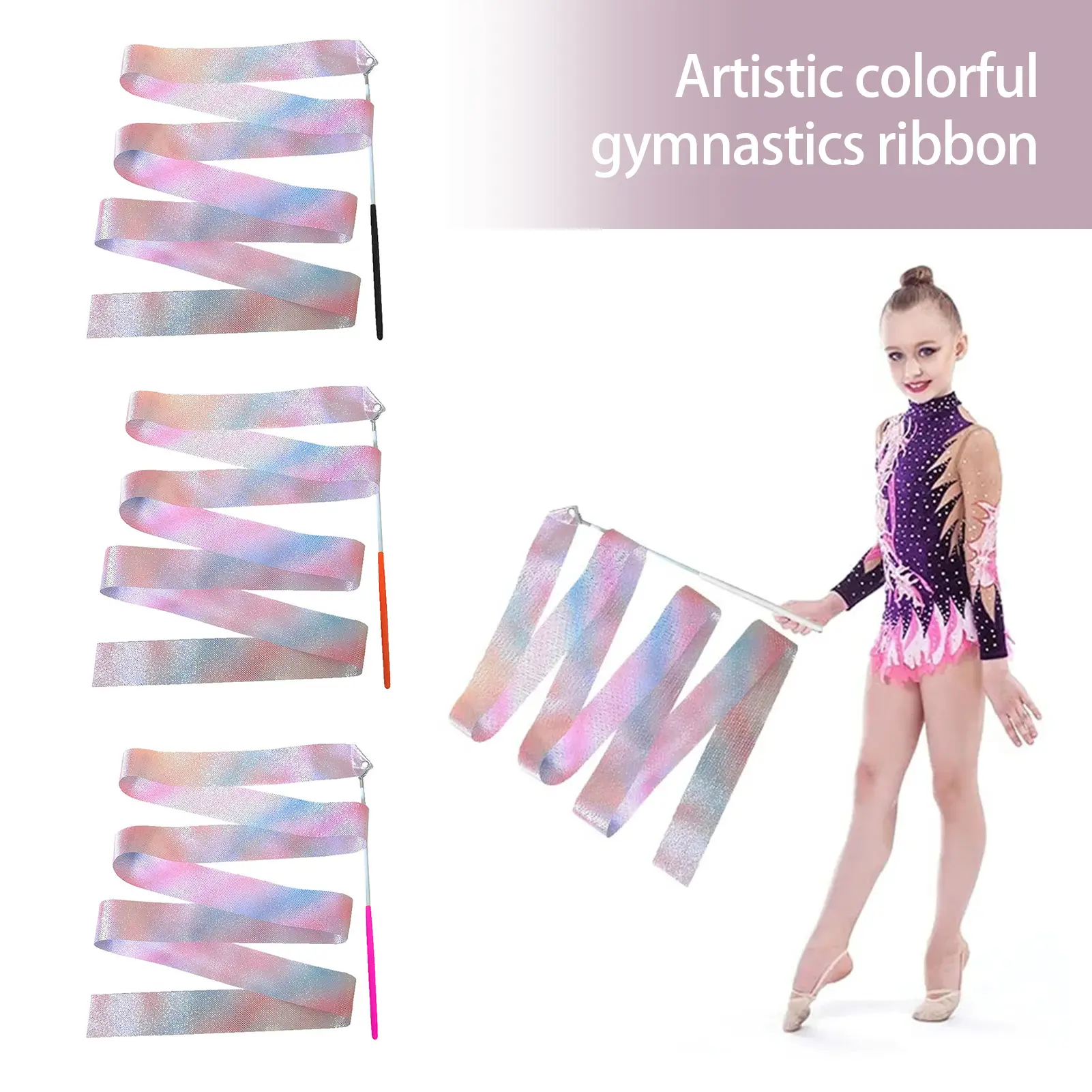 2Pcs Gymnastics Ribbons with Wand Strong Sparkling Soft Smooth Long Ribbon Training 2/4m Artistic Dancing Twirling Stick Streamers Children Toy