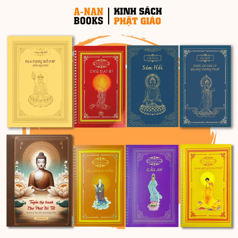 Sổ chép kinh Bộ 8 vở chép Kinh Địa Tạng, Dược Sư, Sám Hối, Vu Lan, Cầu An, Chú Đại Bi, Hồng Danh, Tranh chư phật bồ tát