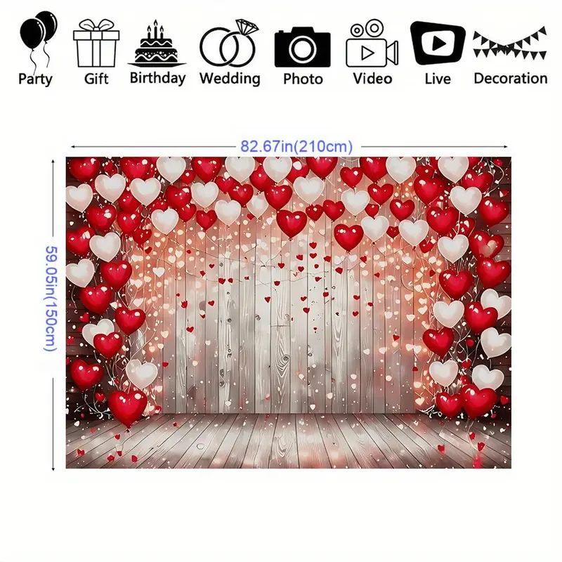 Heart Shaped Balloon Pattern Background Banner, 1 Count Wooden Board Background Banner, Photo Background, Birthday Background, Anniversary 2