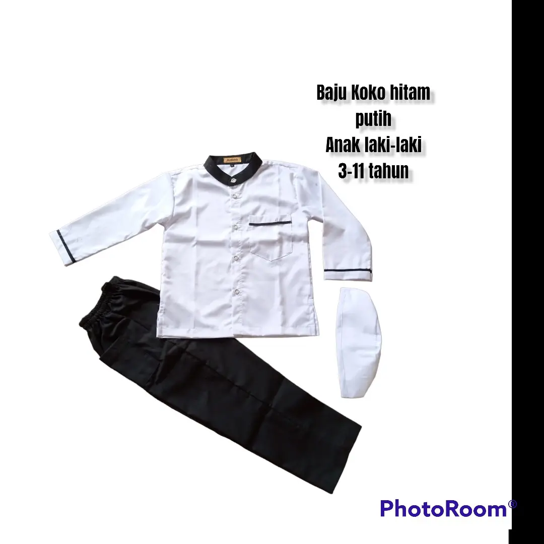 stelan baju Koko hitam putih anak laki-laki usia 3-11tahun terbaru Katun Hitam Polos Putih