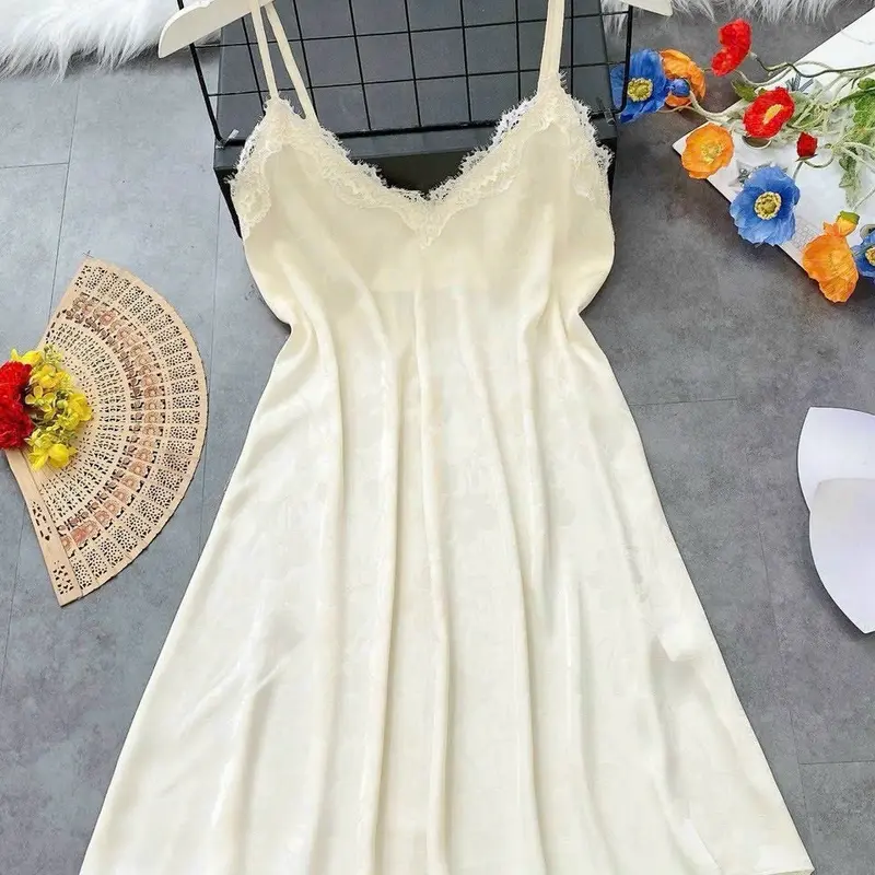Bộ đồ ngủ nữ 2024 Phong Cách Mới Gợi Cảm Cám Dỗ Váy Ngủ Cổ Chữ V Sling Ice Silk Lụa Đơn Giản - Dress 7