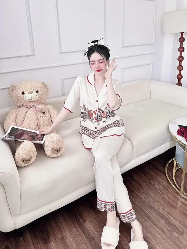 Bộ Đồ Pijama Nữ Mặc Nhà Dáng Suông Tay ngắn line lượn sóng Vải Lụa Xước Hàn Thoáng mát 6