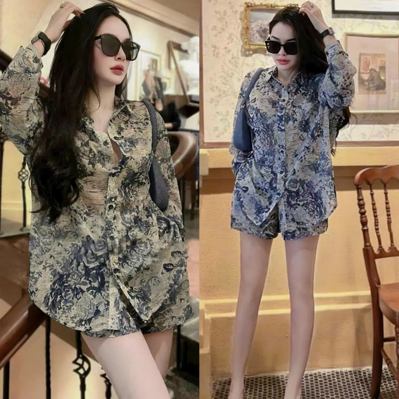 Sét bộ nữ voan gân áo sơ mi tay dài cài nút thật mix quần dùi ngắn sang chảnh dành cho các nàng diện di chơi,di tiệc. Women