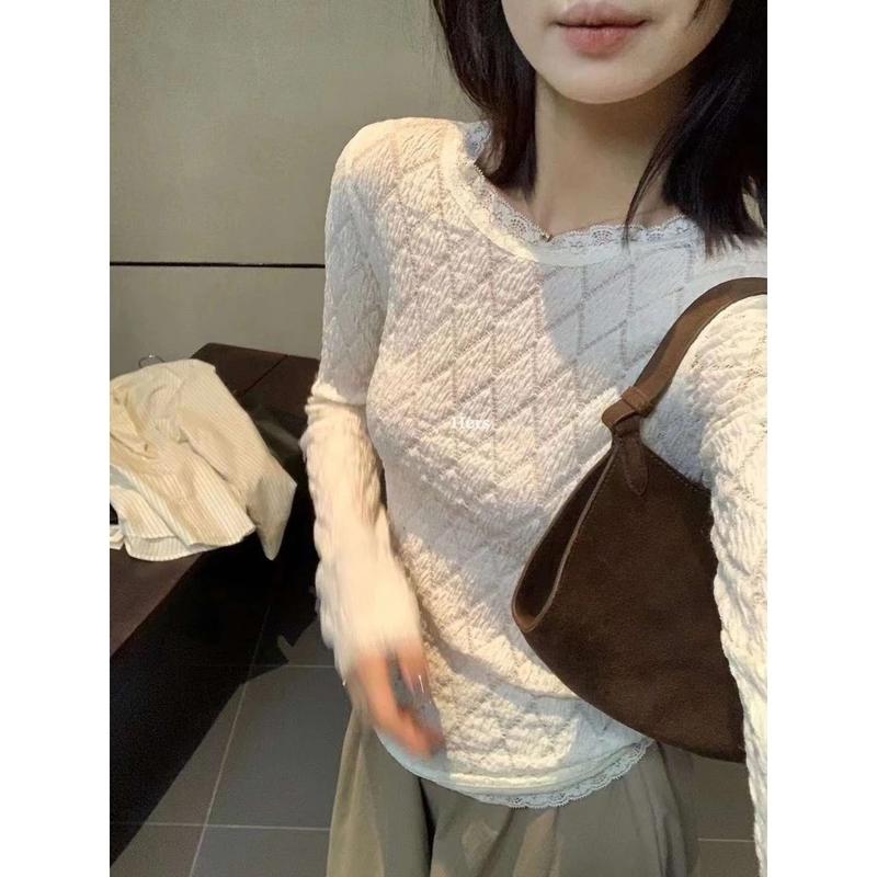 [CHUẨN ĐẸP QC L1/SẴN] Áo Len Thun Xốp Dài Tay Phối Ren Hoạ Tiết Trám 3 màu Kem Đen Trắng Hanhiwithlove SIÊU XINH A12 QC 3