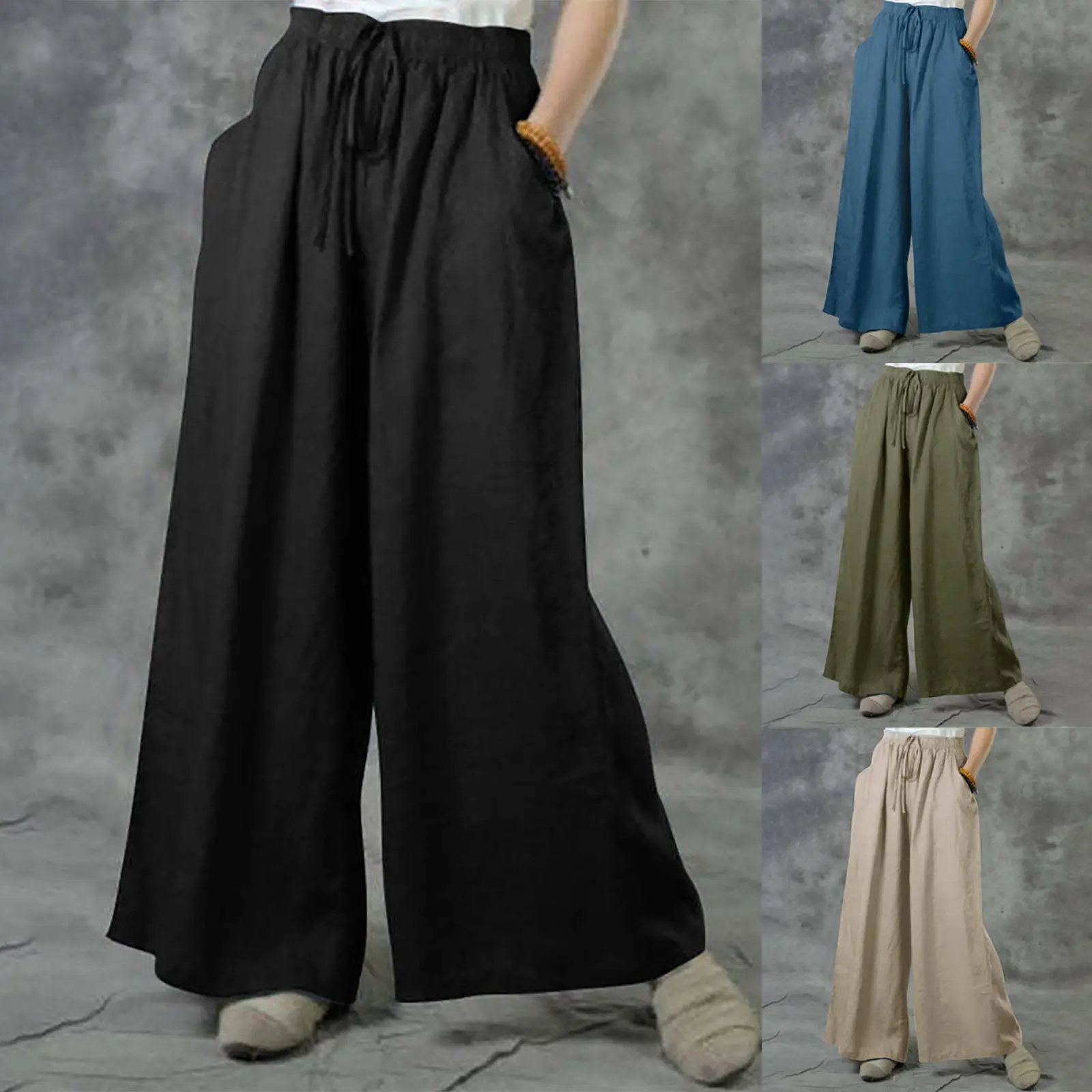 Women's Casual Fashion Stretch Solid Color Pocket Wide Leg Pants, High-waisted tummy-tucking Pants for chubby girls, plus size