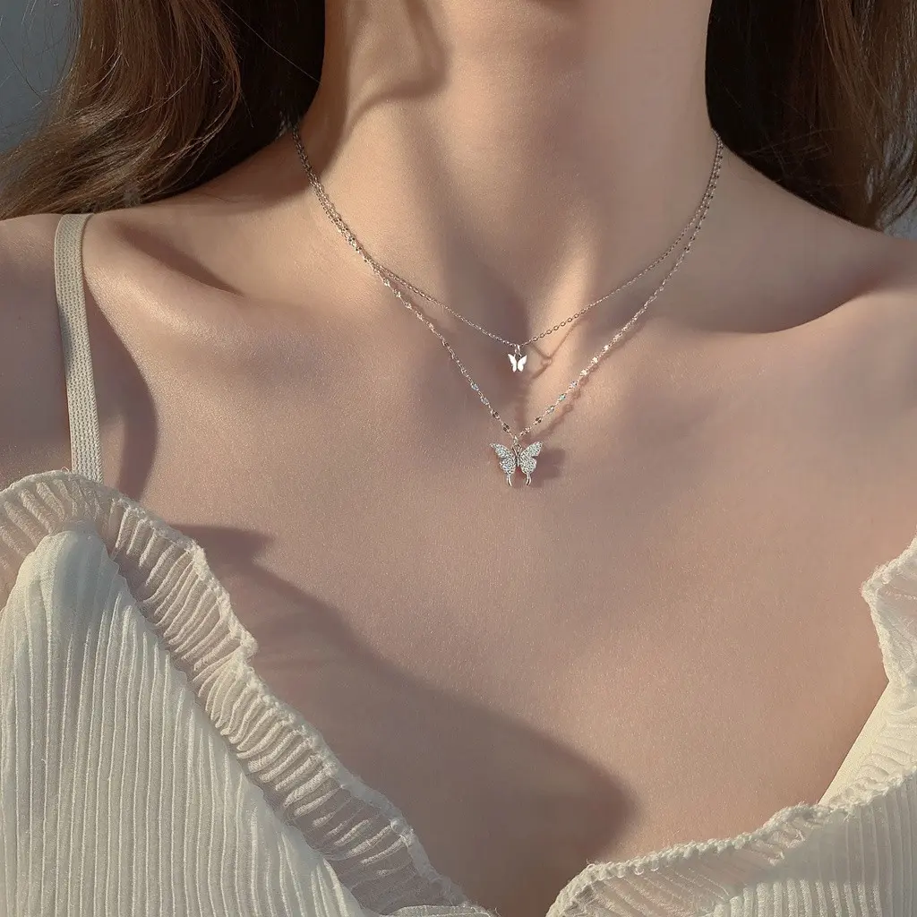 Kalung Wanita liontin Korea Kalung Kupu-kupu 2 lapis rantai klavikula sederhana Aksesoris. B-20 Emas Perempuan Silver