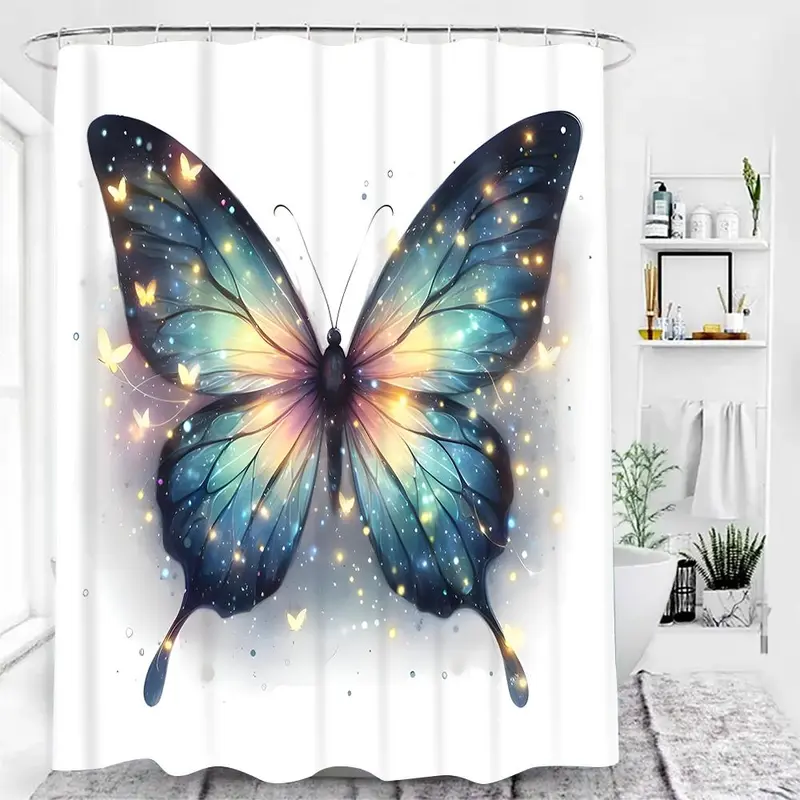 Butterfly Pattern Shower Curtain, 1 Count Colorful Butterfly Pattern Shower Curtain with 4 Counts Hooks, Bathroom Decor Supplies for Home Hotel Salon Dormitory 0