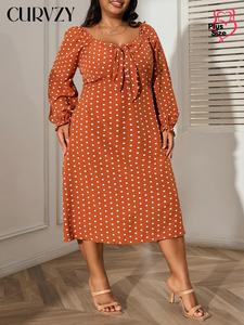 CURVZY Plus Size Polka Dot Print Knot Front Flounce Sleeve Dress, Elegant Sweetheart Neck Long Sleeve Dress for Party Holiday Wedding Guest, Women's Clothes for Summer & Autumn