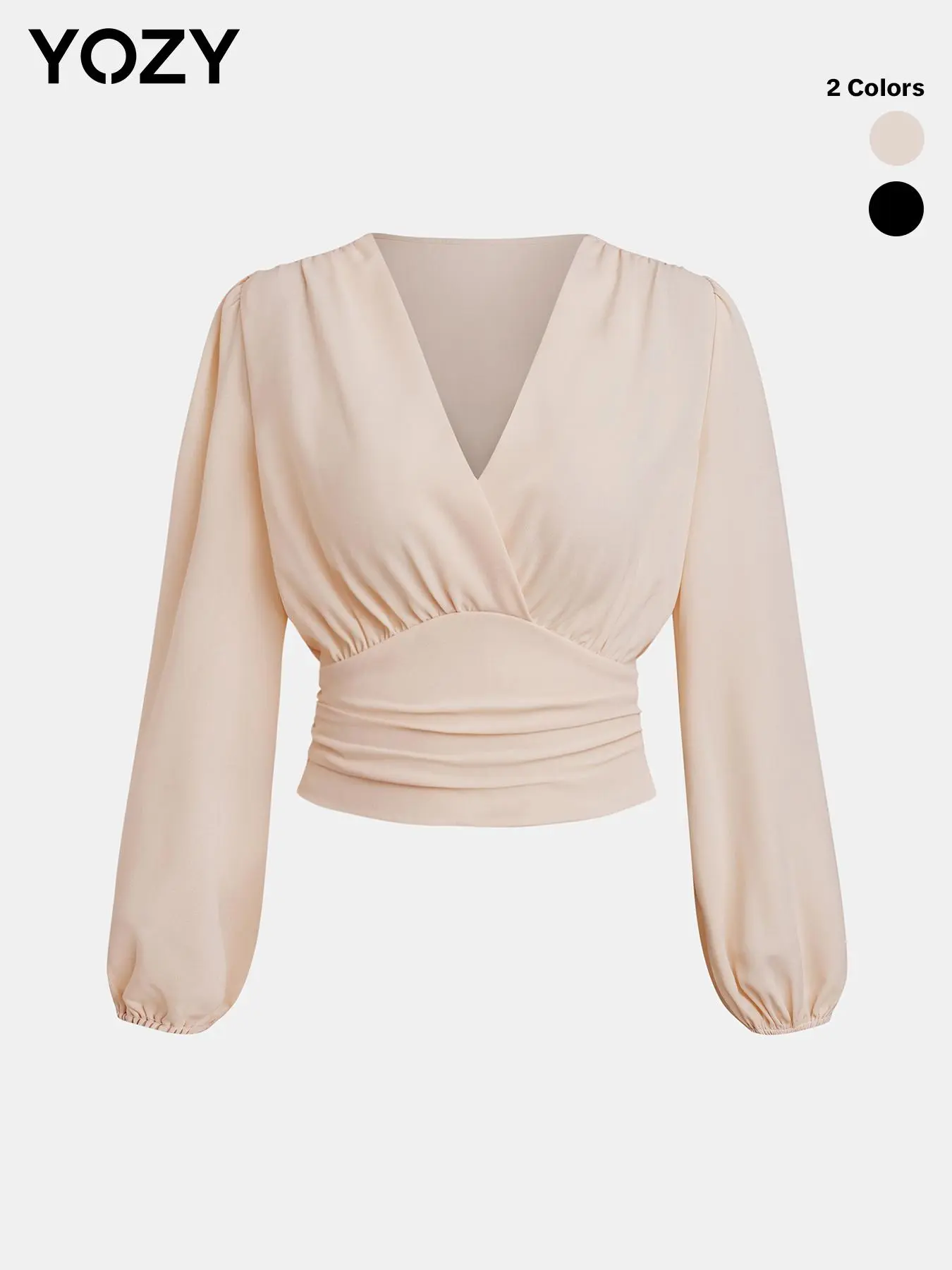 YOZY Plain Ruched Wrap Shirred Bishop Sleeve Blouse/ Elegant V Neck Long Sleeve Frill Trim Top, Going Out Tops, 2024 Women's All Season Outfits for Work, Office, Business