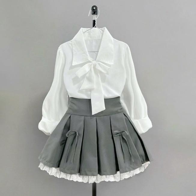 Set Công Sơ Bigsize (CÓ LẺ Áo/ Váy) Áo Sơ Mi Công Sở Buột Nơ Cổ Thiết Kế Thanh Lịch Mix Chân Váy Tennis Xếp Ly Ren Xinh Cho Nữ Chuppy (50-95kg) - SM16/ CV419