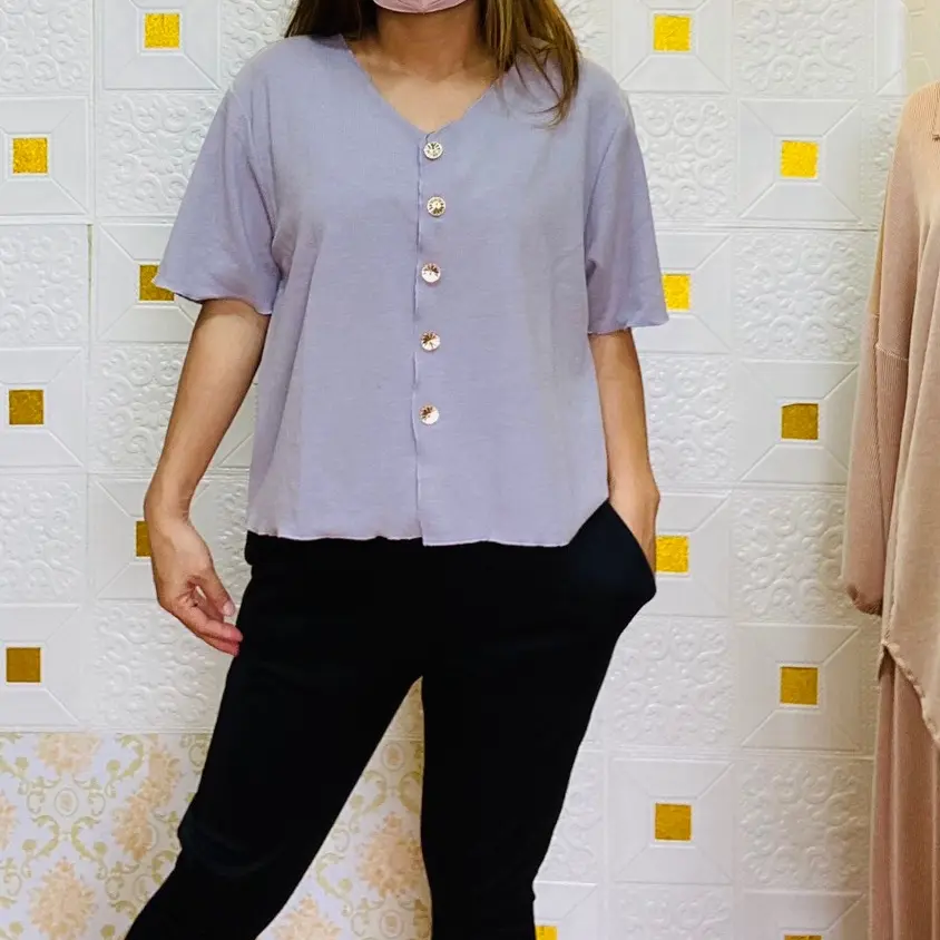 Jaddmei”Semi crop lengan pendek/oversize waffel bangkok /prisket bangkok atasan wanita oversize/atasan fashion Kancing Tebal Kerja Panjang