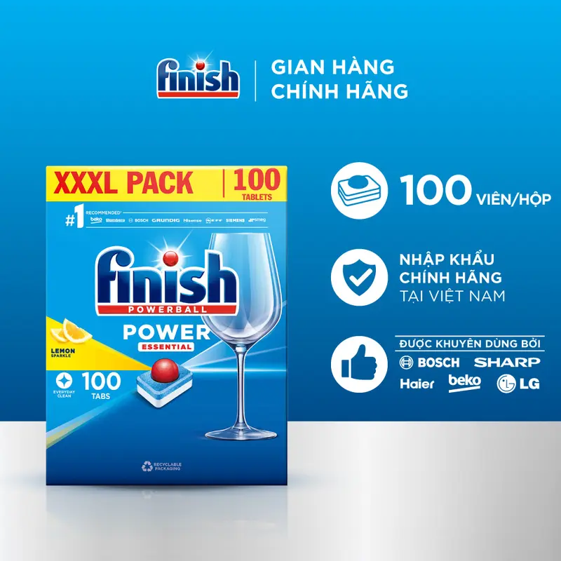Viên Rửa Chén Bát Hương Chanh Finish Powerball Power Essential Lemon Sparkle - Dạng Thùng 100 viên siêu tiết kiệm 1