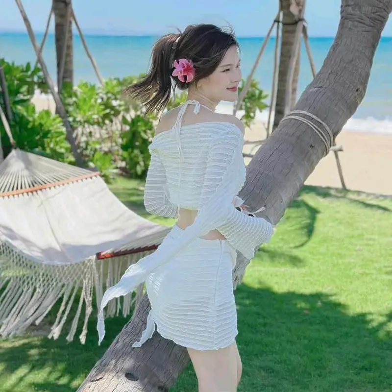 Sét đồ bikini mặc đi biển du lịch sét 3 món Ren lỗ áo Bra có mút dày kèm áo khoác tay dài mix chân váy mini khoe dáng siêu xinh sexy Nữ Women Kem 2 màu cuốn hút 7
