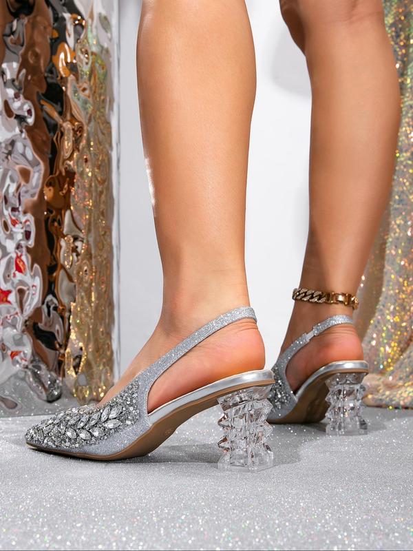 Women's Glitter Rhinestone Decorated Slingback Sandals,  Prom Sandals, Classy Sandals, Heeled Sandals, Elegant Comfortable Decorative Heel Sandals for Party, Daily Clothing Decor for Women & Girls, Footwear, Summer 1