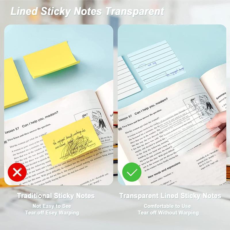 4 Pads Transparent Sticky Note, Size 3x3 Inch Lined Translucent Paper 50 Sheets Per Pad 8