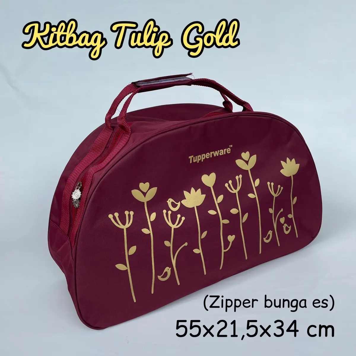 Kitbag Tulip Gold Tupperware (zipper bunga es) // Tas traveling Hitam Pink