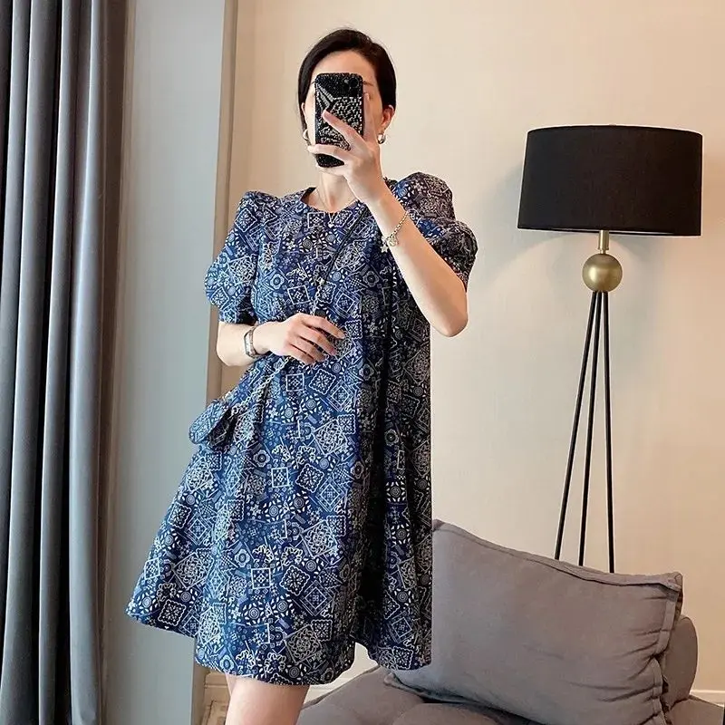 Váy Hoa Tay Phồng Màu Xanh Dương, Cỡ Lớn, Phong Cách Thanh Lịch Cổ Điển Cao Cấp, Váy ngắn Tay Thích Hợp Cho Bé Gái Đầy Đặn, Mùa Hè 2024
