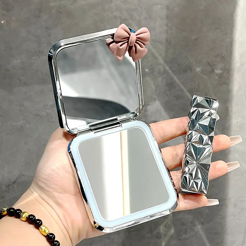 Gương Trang Điểm Mini Gấp Gọn, Có Đèn LED, Phóng Đại 2X, Kích Thước Bỏ Túi Nhỏ, Cầm Tay, Thích Hợp Đi Du Lịch, Gương Mỹ Phẩm, Có Cáp Type-C, Có Thể Sạc Lại 7