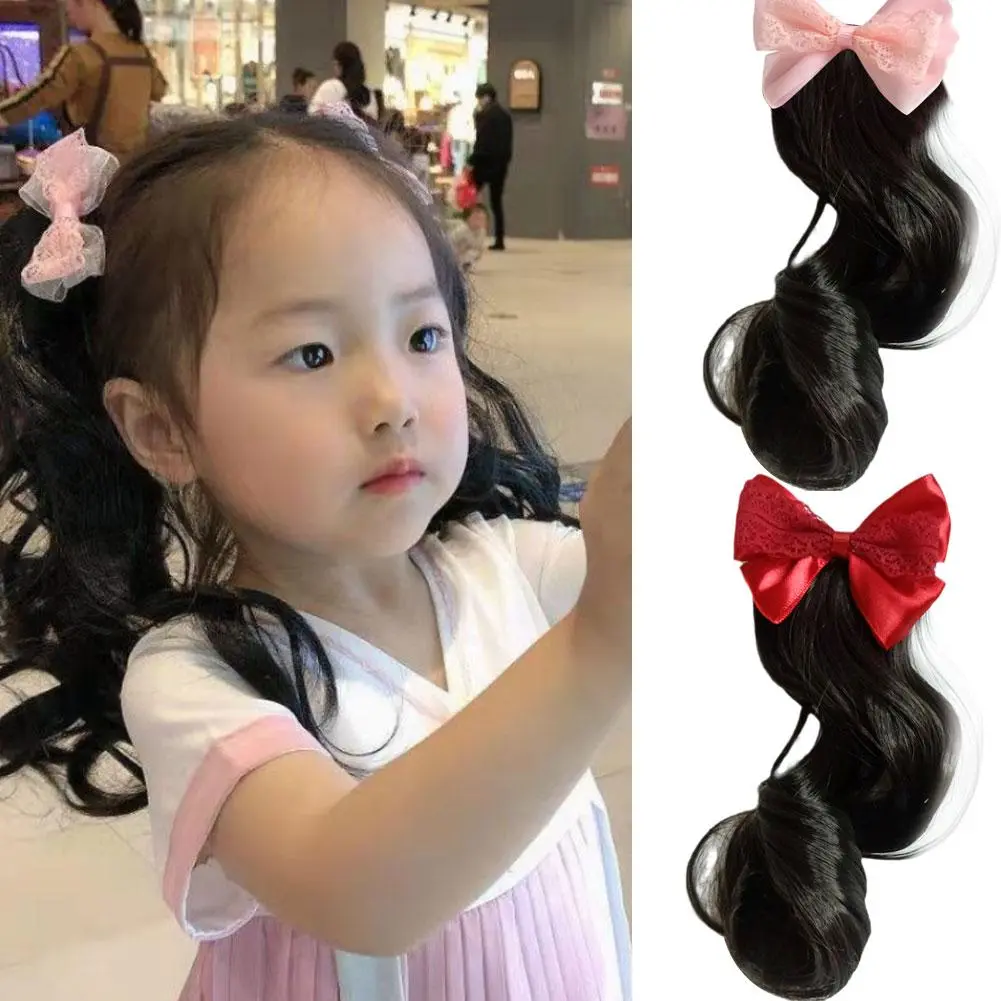 Cute Bow Curly Ponytail Wig Hairpin Children's Wig Hair Hair Piece Extension Accessories Hair R5K7