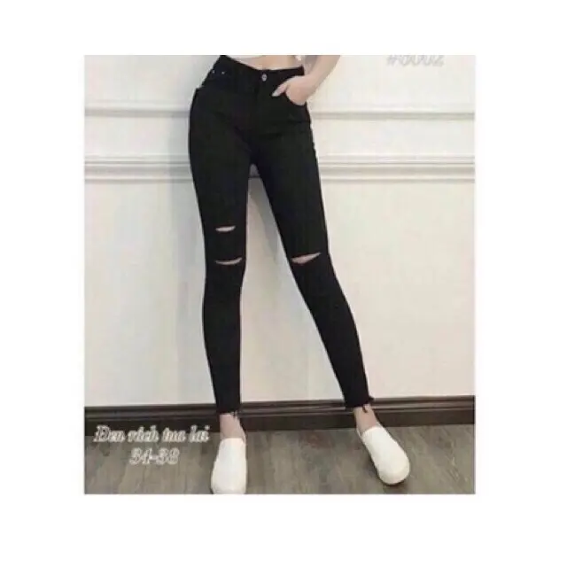 Quần jeans nữ, quần jeans lưng cao rách gối dáng ôm co dãn màu đen size S M L BASIC