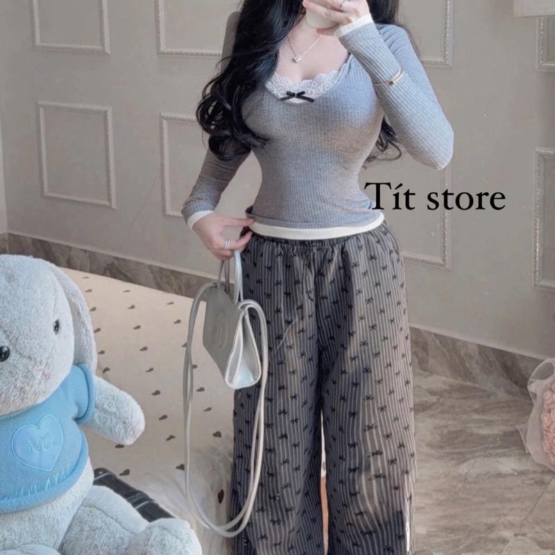 Set Áo Tay Dài Xám Phối Ren Trắng Viền Trắng Kèm Quần Suông In Nơ Mini - Nữ Women Top-X49 3