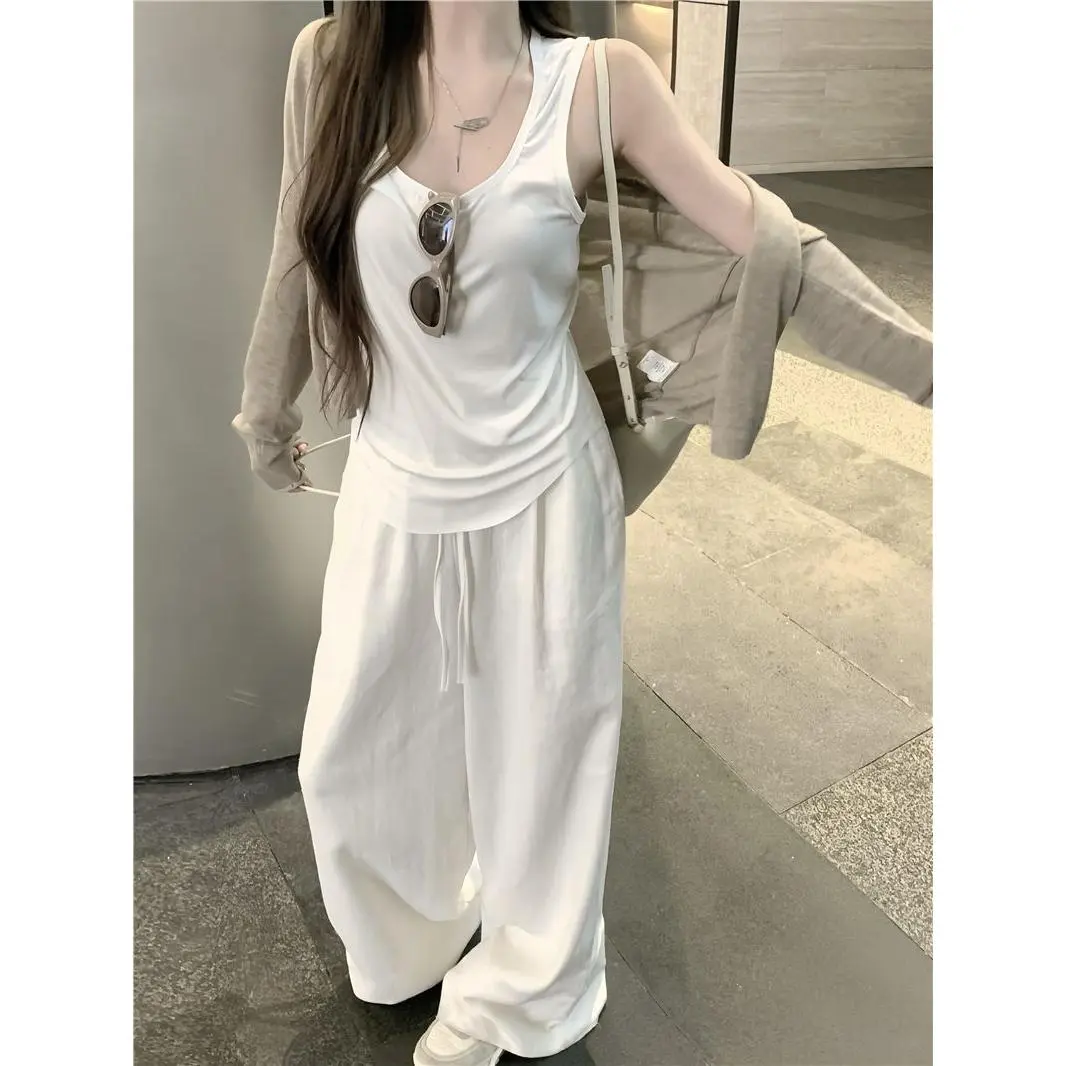 Bộ Đồ Ba Mảnh Phong Cách Lười Biếng, Bộ Sưu Tập Mùa Hè, Phong Cách Hàn Quốc, Áo Trượt Màu Trắng, Áo Cardigan Dài Tay, Chống Nắng, Quần Ống Rộng Thường Ngày Nữ Top