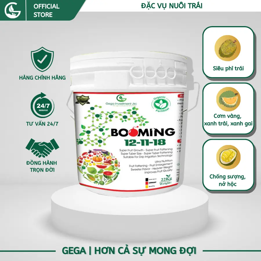 Phân bón hữu cơ BOOMING 12-11-18 nuôi trái - Xô 22kg chống sượng nở hộc xô, siêu phì trái, xanh gai, giúp cây trồng phát triển mạnh
