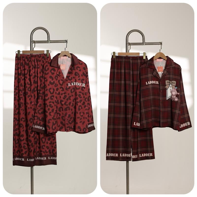 Bộ ngủ pijama Ládder (không túi ) tay dài quần dài đỏ caro gấu & đỏ đậm báo   ( bộ ngủ ladder)   bộ ngủ Ládder - pyjama women