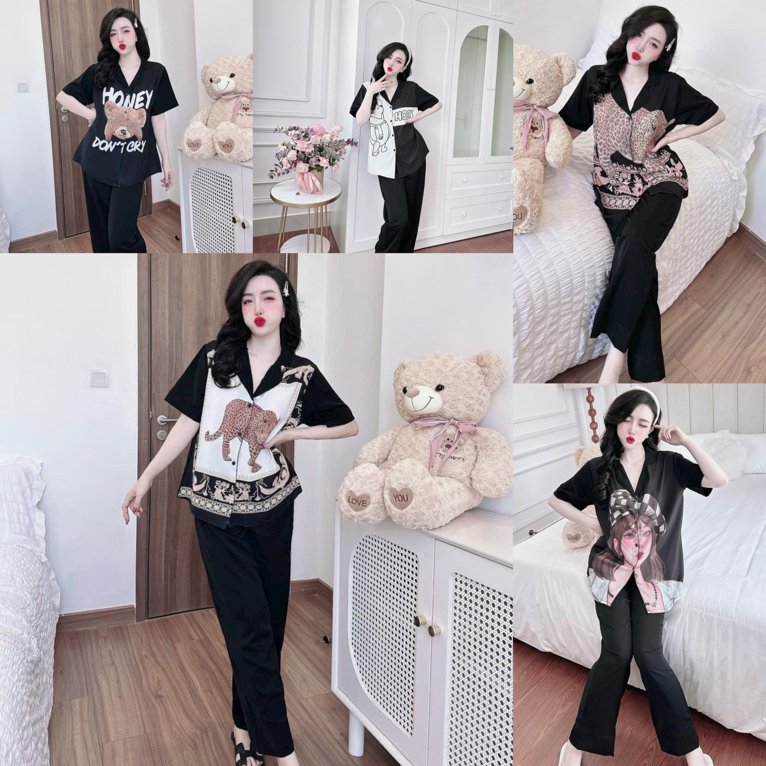 Đồ Bộ Bigsize  Tay Ngắn Quần Dài in 5D Vải Lụa Măng Gồ Tiểu 50-100kg Nữ Women Quần Ngủ - A.5602
