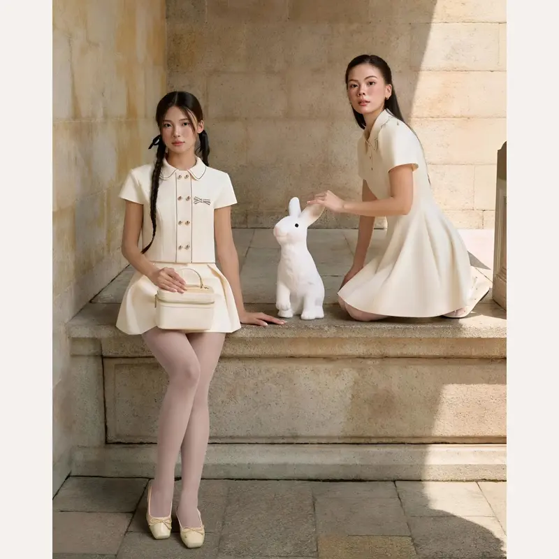 Set bộ đồ nữ áo croptop cổ sen đính nơ phối quần váy form xòe bồng cách điệu tiểu thư Linly Store 6