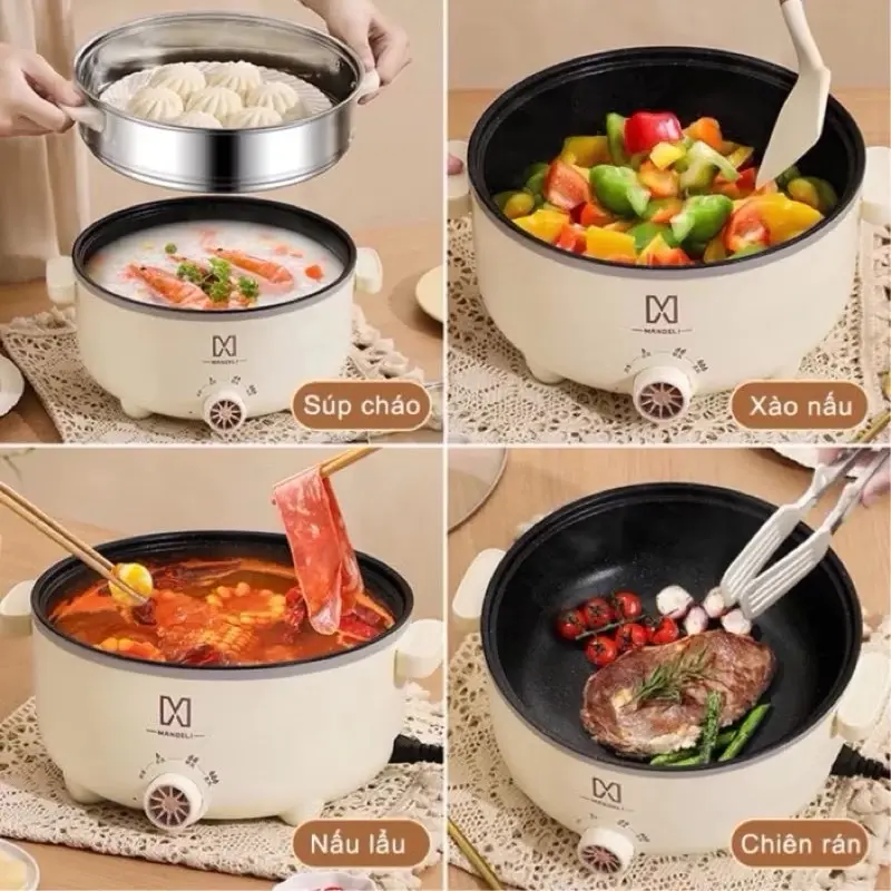 Nồi Lẩu Điện Đa Năng Kèm Giá Hấp 28 cm Công Suất 1000W, Chống Dính Vân Đá Cao Cấp - Bếp Lẩu Gia Đình Kèm Giá Hấp 2