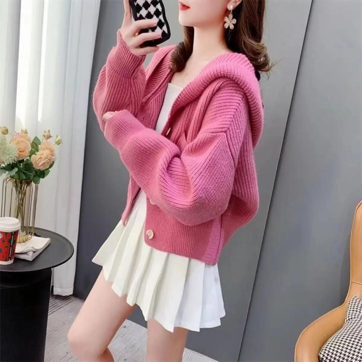 Áo Cardigan Dệt Kim Có Mũ Trùm Đầu, Dành Cho Nữ, Hàng Mới Về Mùa Xuân Và Mùa Thu, Phong Cách Hàn Quốc, Thiết Kế Dáng Rộng Rãi, Áo Khoác Len Dài Tay, Hợp Xu hướng, Ngắn Và Nhỏ