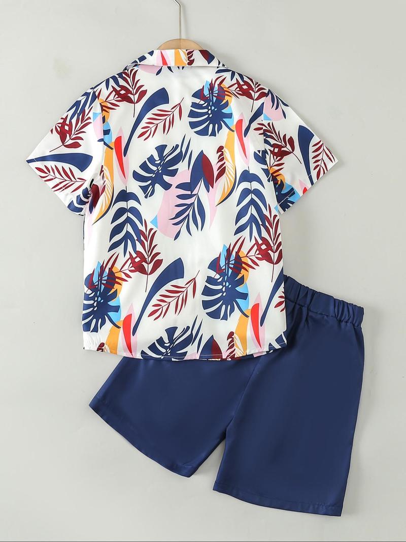 Product Introduction of Two-Piece Set Boy's Leaf Print Short Sleeve Shirt & Shorts, Casual Summer Outfits Clothes for Kids Outdoor Holiday Vacation, Kids Clothing 2
