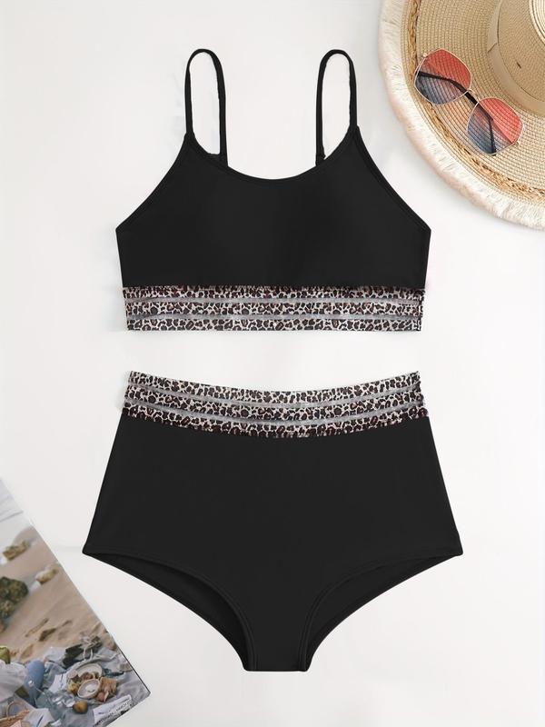 Women's Leopard Print Contrast Mesh Bikini Set, Casual Scoop Neck Swim Cami Top & High Waist Swim Panty Set, Ladies 2024 Trendy Swimwear for Summer 3