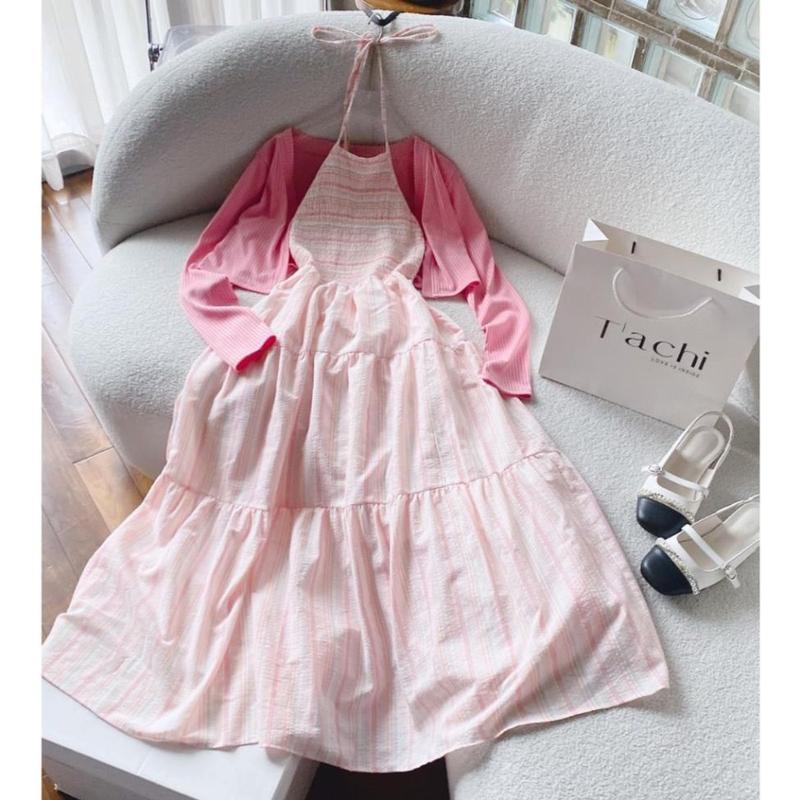 Đầm thời trang nữ mặc đi chơi chất linine cao cấp sọc caro cổ yếm dây đầm maxi kèm khoác borip tay dài váy 3