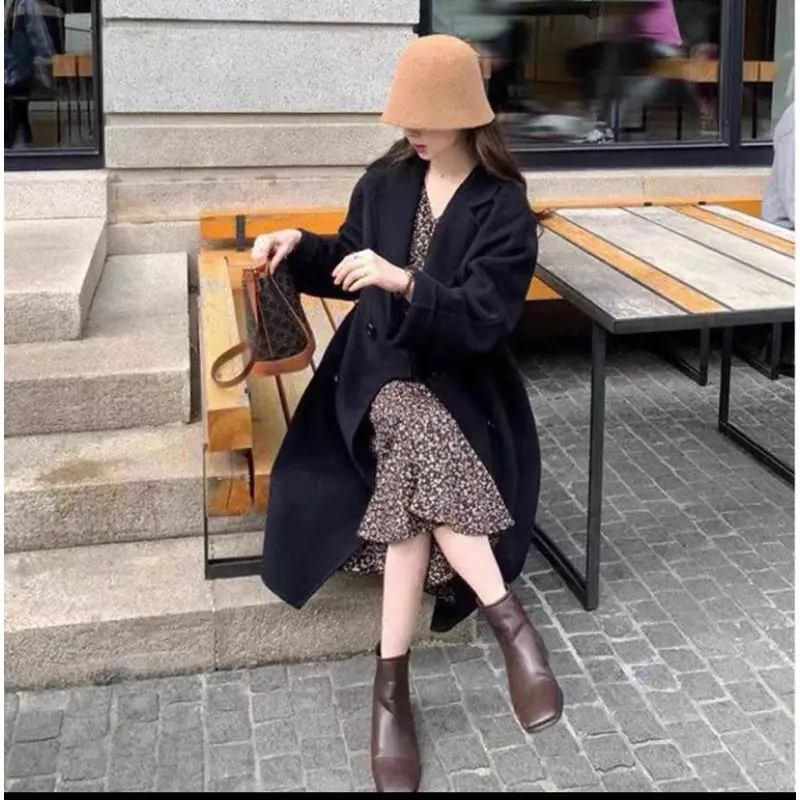 KAGEDSHOP Áo khoác dạ dáng dài 2 lớp form rộng 4 cúc túi sườn be đen, Áo khoác blazer nữ cổ vest chất dạ lì phong cách ulzzang 8