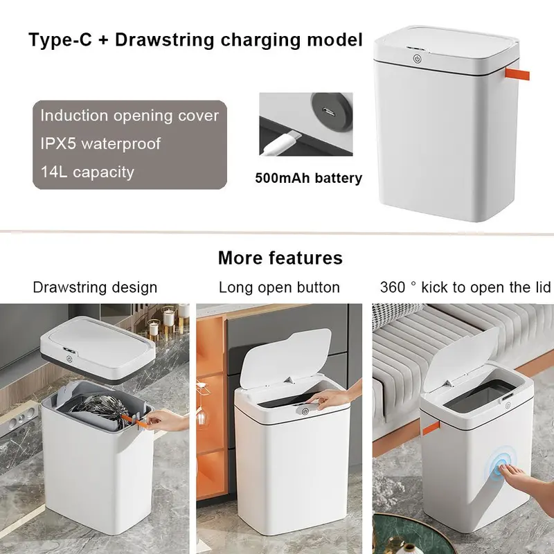 14L Automatic Sensor Trash Can, Rechargeable Smart Trash Can with 2 Counts Hook & 20pcs Garbage Bag, Suitable for Office Home Bedroom Living Room Kitchen Bathroom 4