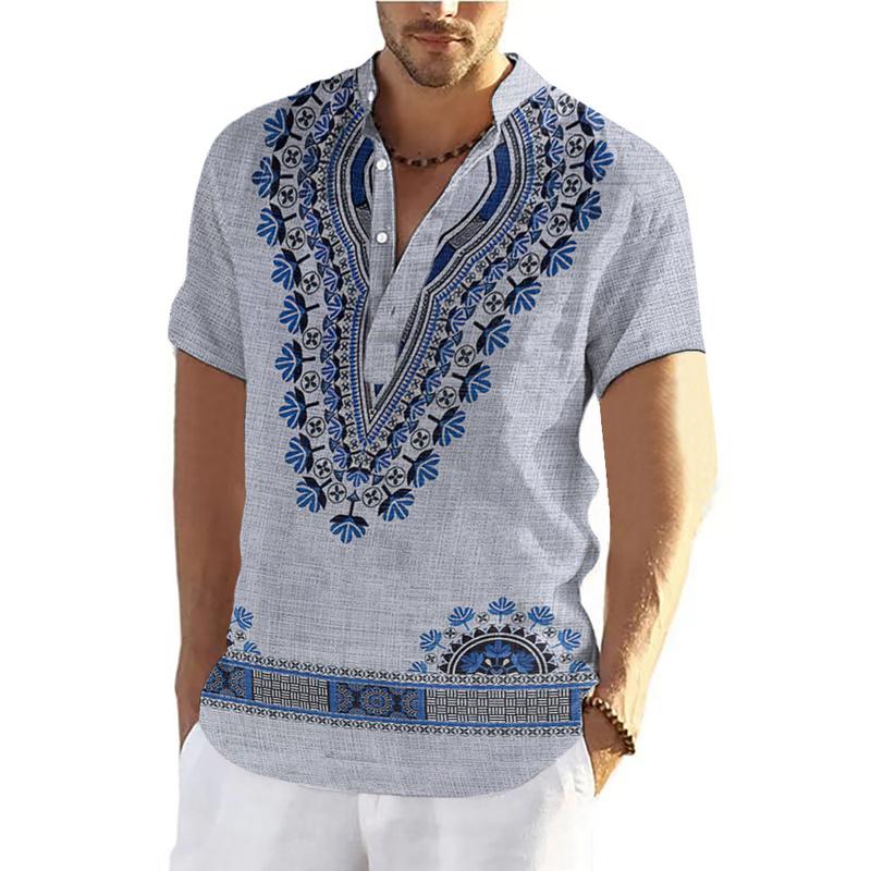 Product Introduction of 2025 New Year Ethnic Style Barong Shirt Men's Stand Collar Short Sleeve Top 3D Bohemian Traditional Retro Ethnic Clothes Outdoor Loose Breathable Quick-Drying Large Size Men's Clot 32