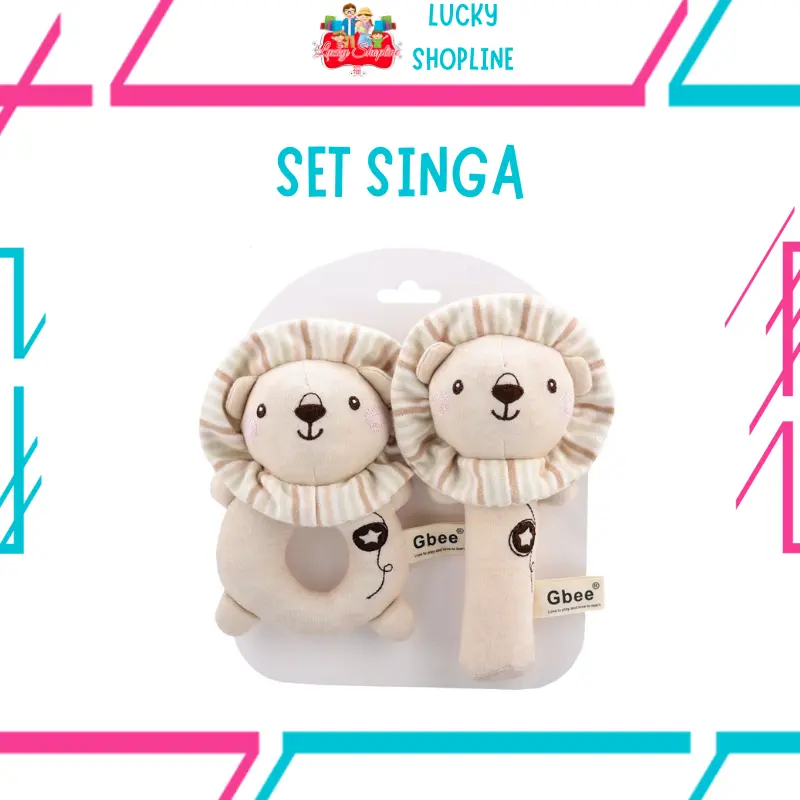 [BIG SALE] Mainan Bayi Organic Cotton Rattle Set (2pcs) ANIMAL RATTLE SET Boneka Stick Donat Kerincingan Plush Toys Play 2