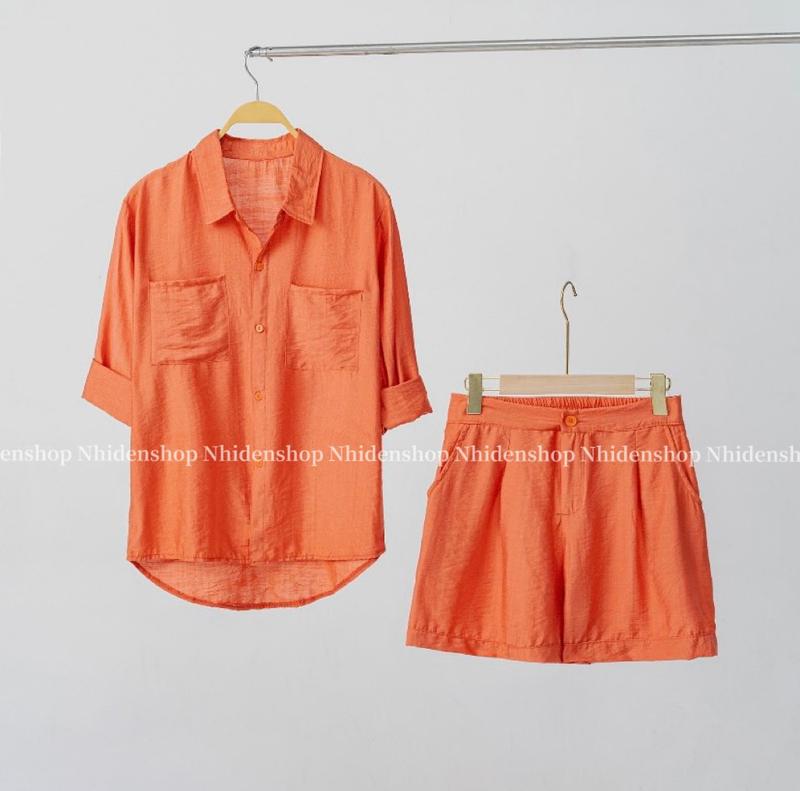 bộ đũi nữ - áo sơ mi dài tay + quần đùi sang chảnh Voi Women Nhung Top 8