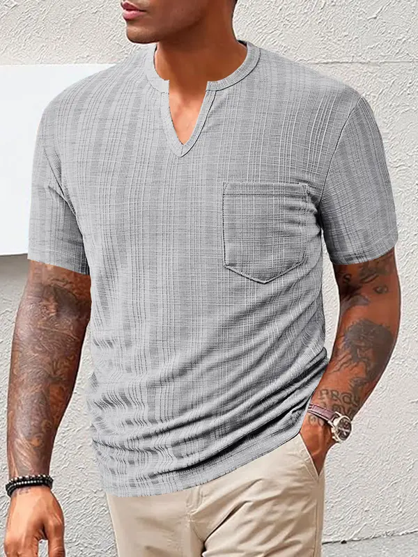 Men's Regular Fit Solid Notched Neck Tee, Casual Comfy Short Sleeve T-shirt for Summer, Fashion Men's Top for Daily Wear 3