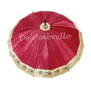 (063)Payung 16 Jari Bahan Saten Motif Polos List Handle Emas/Payung Standar/Payung 16Kk