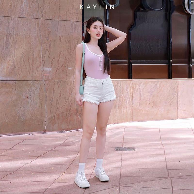 Quần Short Jean KAYLIN form lửng phối rách tua chất vải denim dầy dặn phong cách năng động cá tính - N2232 Nữ Women Pants