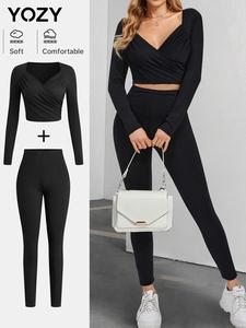 YOZY Women's Solid Ruched Wrap Sweetheart Neck Crop Top & High Waist Skinny Pants Ribbed Two-Piece Set, Casual Fashion Cozy Two Piece Outfits for Daily Outdoor Wear, Ladies Clothes for All Seasons