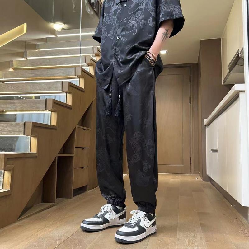 Product Introduction of Chinese Style Dragon Pattern Jacquard Men's Short Sleeve Top & Pants Set - New Asian Trendy Loose Straight & Tapered Outfit |     Summer Breathable Comfort 4