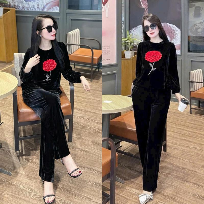 Bộ Sét Thể Thao Nữ Thu Đông Umi Chất Nhung Dày Dặn Co Giãn Thêu Hoa Cao Cấp S543 - Đồng, Quần