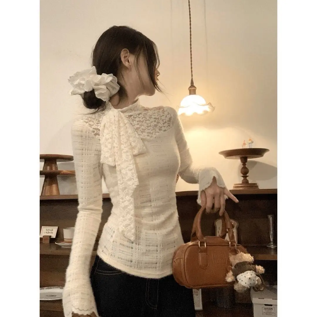 Áo thun ren lông màu kem mềm mịn tay dài dáng ôm vừa xinh xắn phối đồ mùa đông basic Women Top Halinh M250