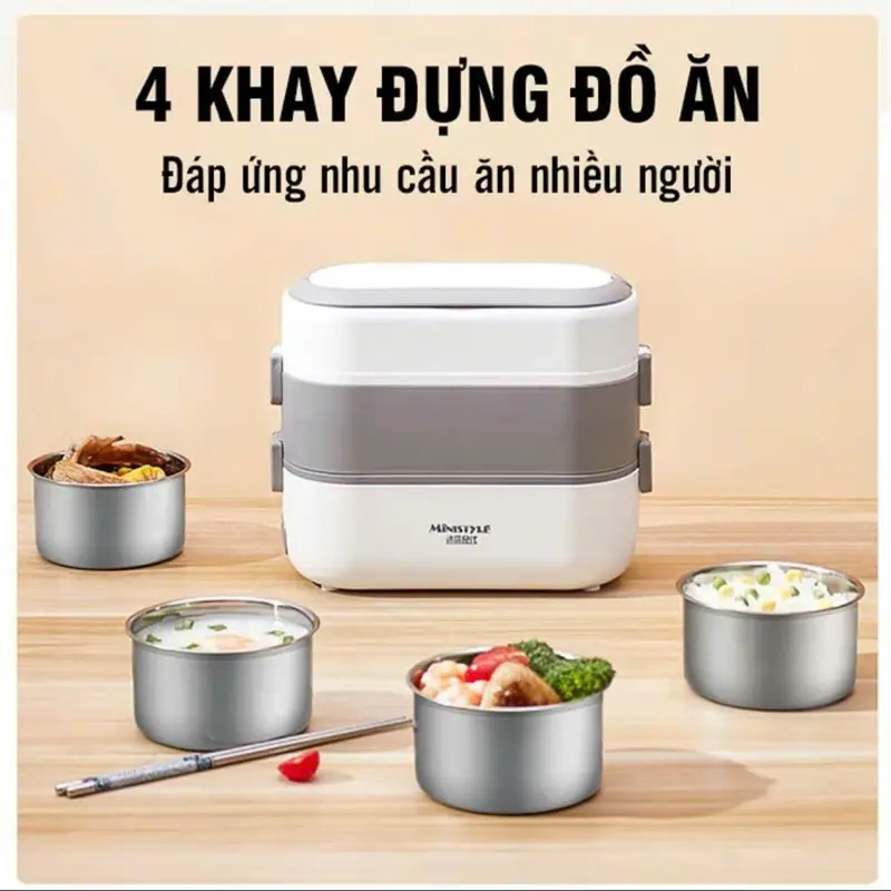 Hộp cơm cắm điện văn phòng 2 tầng 4 bát inox giữ nhiệt, hâm nóng và tự nấu chín nhỏ gọn tiện lợi 0